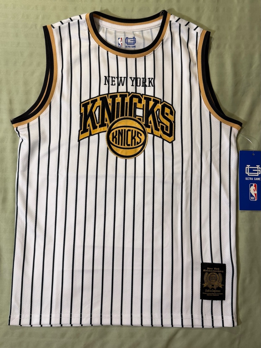NBA New York Knicks White Black Gold Pinstripe Jersey